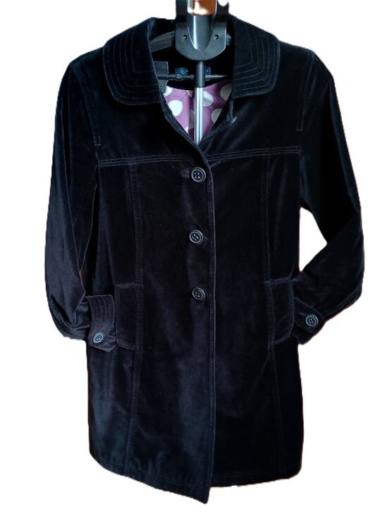 Boden Black Velvet Like Knee-Length Coat w/Purple & White Dot Lining Women’s 14 - Picture 2 of 10